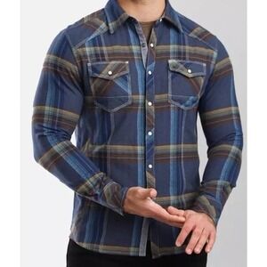 BKE Buckle 2XL Athletic Fit Flannel Shirt Mens Blue Brown Snap Front